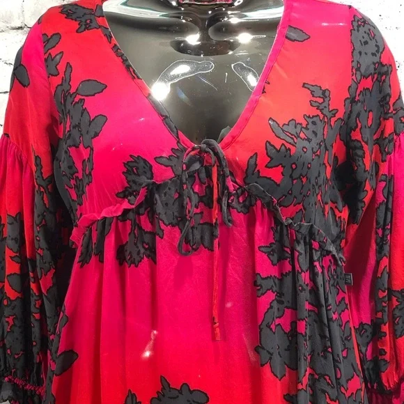 DEPT red magenta grey floral silk tunic dress sz S - Picture 2 of 5